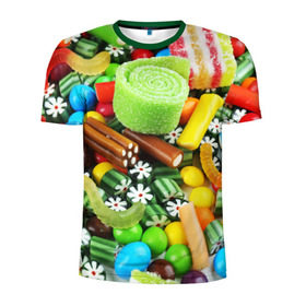 Мужская футболка 3D спортивная с принтом Сладости в Белгороде, 100% полиэстер с улучшенными характеристиками | приталенный силуэт, круглая горловина, широкие плечи, сужается к линии бедра | вкуснотища | вкусняшки | глазурь | жевачка | карамель | карамельки | конфетки | конфеты | леденец | мармеладки | сахар | сладости