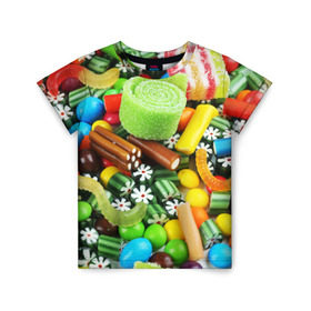 Детская футболка 3D с принтом Сладости в Белгороде, 100% гипоаллергенный полиэфир | прямой крой, круглый вырез горловины, длина до линии бедер, чуть спущенное плечо, ткань немного тянется | Тематика изображения на принте: вкуснотища | вкусняшки | глазурь | жевачка | карамель | карамельки | конфетки | конфеты | леденец | мармеладки | сахар | сладости