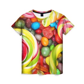 Женская футболка 3D с принтом Вкусняшки в Белгороде, 100% полиэфир ( синтетическое хлопкоподобное полотно) | прямой крой, круглый вырез горловины, длина до линии бедер | вкуснотища | вкусняшки | глазурь | жевачка | карамель | карамельки | конфетки | конфеты | леденец | мармеладки | сахар | сладости