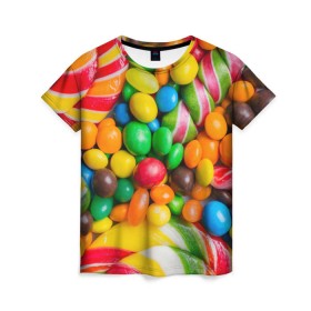 Женская футболка 3D с принтом Сладкоежка в Белгороде, 100% полиэфир ( синтетическое хлопкоподобное полотно) | прямой крой, круглый вырез горловины, длина до линии бедер | вкуснотища | вкусняшки | глазурь | жевачка | карамель | карамельки | конфетки | конфеты | леденец | мармеладки | сахар | сладости