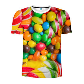 Мужская футболка 3D спортивная с принтом Сладкоежка в Белгороде, 100% полиэстер с улучшенными характеристиками | приталенный силуэт, круглая горловина, широкие плечи, сужается к линии бедра | вкуснотища | вкусняшки | глазурь | жевачка | карамель | карамельки | конфетки | конфеты | леденец | мармеладки | сахар | сладости