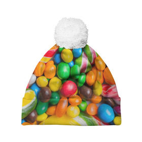 Шапка 3D c помпоном с принтом Сладкоежка в Белгороде, 100% полиэстер | универсальный размер, печать по всей поверхности изделия | вкуснотища | вкусняшки | глазурь | жевачка | карамель | карамельки | конфетки | конфеты | леденец | мармеладки | сахар | сладости