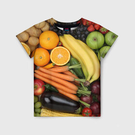Детская футболка 3D с принтом Овощи и фрукты в Белгороде, 100% гипоаллергенный полиэфир | прямой крой, круглый вырез горловины, длина до линии бедер, чуть спущенное плечо, ткань немного тянется | апельсин | баклажан | банан | картофель | клубника | кукуруза | морковь | овощи | перец | фрукты | яблоки