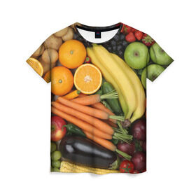 Женская футболка 3D с принтом Овощи и фрукты в Белгороде, 100% полиэфир ( синтетическое хлопкоподобное полотно) | прямой крой, круглый вырез горловины, длина до линии бедер | Тематика изображения на принте: апельсин | баклажан | банан | картофель | клубника | кукуруза | морковь | овощи | перец | фрукты | яблоки