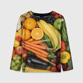 Детский лонгслив 3D с принтом Овощи и фрукты в Белгороде, 100% полиэстер | длинные рукава, круглый вырез горловины, полуприлегающий силуэт
 | апельсин | баклажан | банан | картофель | клубника | кукуруза | морковь | овощи | перец | фрукты | яблоки