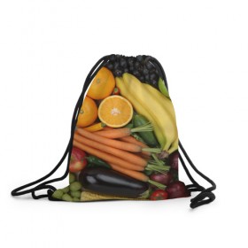 Рюкзак-мешок 3D с принтом Овощи и фрукты в Белгороде, 100% полиэстер | плотность ткани — 200 г/м2, размер — 35 х 45 см; лямки — толстые шнурки, застежка на шнуровке, без карманов и подкладки | апельсин | баклажан | банан | картофель | клубника | кукуруза | морковь | овощи | перец | фрукты | яблоки