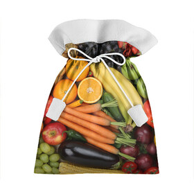 Подарочный 3D мешок с принтом Овощи и фрукты в Белгороде, 100% полиэстер | Размер: 29*39 см | апельсин | баклажан | банан | картофель | клубника | кукуруза | морковь | овощи | перец | фрукты | яблоки