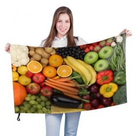 Флаг 3D с принтом Овощи и фрукты в Белгороде, 100% полиэстер | плотность ткани — 95 г/м2, размер — 67 х 109 см. Принт наносится с одной стороны | апельсин | баклажан | банан | картофель | клубника | кукуруза | морковь | овощи | перец | фрукты | яблоки