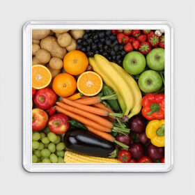 Магнит 55*55 с принтом Овощи и фрукты в Белгороде, Пластик | Размер: 65*65 мм; Размер печати: 55*55 мм | апельсин | баклажан | банан | картофель | клубника | кукуруза | морковь | овощи | перец | фрукты | яблоки