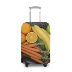 Чехол для чемодана 3D с принтом Овощи и фрукты в Белгороде, 86% полиэфир, 14% спандекс | двустороннее нанесение принта, прорези для ручек и колес | апельсин | баклажан | банан | картофель | клубника | кукуруза | морковь | овощи | перец | фрукты | яблоки