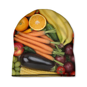 Шапка 3D с принтом Овощи и фрукты в Белгороде, 100% полиэстер | универсальный размер, печать по всей поверхности изделия | апельсин | баклажан | банан | картофель | клубника | кукуруза | морковь | овощи | перец | фрукты | яблоки
