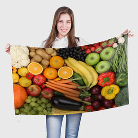 Флаг 3D с принтом Овощи и фрукты в Белгороде, 100% полиэстер | плотность ткани — 95 г/м2, размер — 67 х 109 см. Принт наносится с одной стороны | апельсин | баклажан | банан | картофель | клубника | кукуруза | морковь | овощи | перец | фрукты | яблоки
