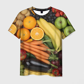 Мужская футболка 3D с принтом Овощи и фрукты в Белгороде, 100% полиэфир | прямой крой, круглый вырез горловины, длина до линии бедер | Тематика изображения на принте: апельсин | баклажан | банан | картофель | клубника | кукуруза | морковь | овощи | перец | фрукты | яблоки