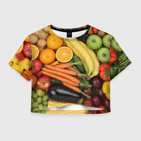 Женская футболка 3D укороченная с принтом Овощи и фрукты в Белгороде, 100% полиэстер | круглая горловина, длина футболки до линии талии, рукава с отворотами | апельсин | баклажан | банан | картофель | клубника | кукуруза | морковь | овощи | перец | фрукты | яблоки