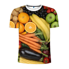 Мужская футболка 3D спортивная с принтом Овощи и фрукты в Белгороде, 100% полиэстер с улучшенными характеристиками | приталенный силуэт, круглая горловина, широкие плечи, сужается к линии бедра | апельсин | баклажан | банан | картофель | клубника | кукуруза | морковь | овощи | перец | фрукты | яблоки