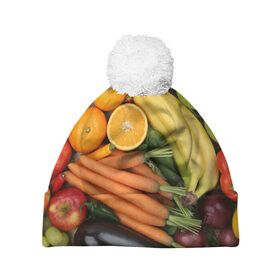 Шапка 3D c помпоном с принтом Овощи и фрукты в Белгороде, 100% полиэстер | универсальный размер, печать по всей поверхности изделия | апельсин | баклажан | банан | картофель | клубника | кукуруза | морковь | овощи | перец | фрукты | яблоки