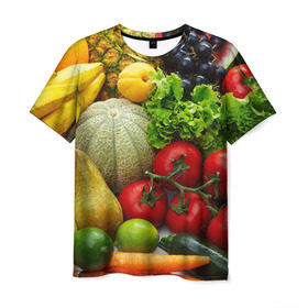 Мужская футболка 3D с принтом Богатый урожай в Белгороде, 100% полиэфир | прямой крой, круглый вырез горловины, длина до линии бедер | апельсин | баклажан | банан | богатый урожай | виноград | горох | еда | кабачок | капуста | картофель | лимон | морковь | овощи | огурец | перец | персик | помидор | слива | сочные плоды | томат | тыква