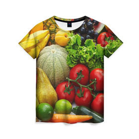 Женская футболка 3D с принтом Богатый урожай в Белгороде, 100% полиэфир ( синтетическое хлопкоподобное полотно) | прямой крой, круглый вырез горловины, длина до линии бедер | апельсин | баклажан | банан | богатый урожай | виноград | горох | еда | кабачок | капуста | картофель | лимон | морковь | овощи | огурец | перец | персик | помидор | слива | сочные плоды | томат | тыква