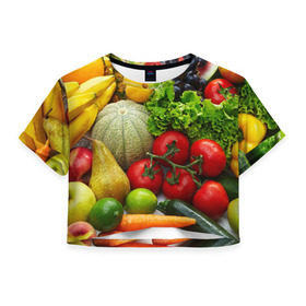 Женская футболка 3D укороченная с принтом Богатый урожай в Белгороде, 100% полиэстер | круглая горловина, длина футболки до линии талии, рукава с отворотами | Тематика изображения на принте: апельсин | баклажан | банан | богатый урожай | виноград | горох | еда | кабачок | капуста | картофель | лимон | морковь | овощи | огурец | перец | персик | помидор | слива | сочные плоды | томат | тыква