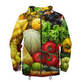 Мужская ветровка 3D с принтом Богатый урожай в Белгороде, 100% полиэстер | подол и капюшон оформлены резинкой с фиксаторами, два кармана без застежек по бокам, один потайной карман на груди | апельсин | баклажан | банан | богатый урожай | виноград | горох | еда | кабачок | капуста | картофель | лимон | морковь | овощи | огурец | перец | персик | помидор | слива | сочные плоды | томат | тыква