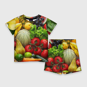 Детский костюм с шортами 3D с принтом Богатый урожай в Белгороде,  |  | Тематика изображения на принте: апельсин | баклажан | банан | богатый урожай | виноград | горох | еда | кабачок | капуста | картофель | лимон | морковь | овощи | огурец | перец | персик | помидор | слива | сочные плоды | томат | тыква