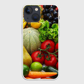 Чехол для iPhone 13 mini с принтом Богатый урожай в Белгороде,  |  | Тематика изображения на принте: апельсин | баклажан | банан | богатый урожай | виноград | горох | еда | кабачок | капуста | картофель | лимон | морковь | овощи | огурец | перец | персик | помидор | слива | сочные плоды | томат | тыква