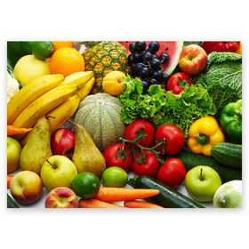 Поздравительная открытка с принтом Богатый урожай в Белгороде, 100% бумага | плотность бумаги 280 г/м2, матовая, на обратной стороне линовка и место для марки
 | апельсин | баклажан | банан | богатый урожай | виноград | горох | еда | кабачок | капуста | картофель | лимон | морковь | овощи | огурец | перец | персик | помидор | слива | сочные плоды | томат | тыква