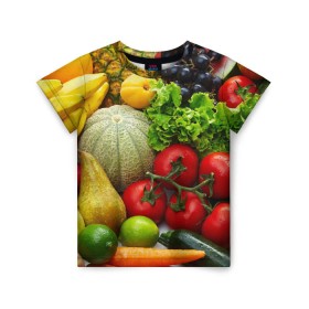 Детская футболка 3D с принтом Богатый урожай в Белгороде, 100% гипоаллергенный полиэфир | прямой крой, круглый вырез горловины, длина до линии бедер, чуть спущенное плечо, ткань немного тянется | апельсин | баклажан | банан | богатый урожай | виноград | горох | еда | кабачок | капуста | картофель | лимон | морковь | овощи | огурец | перец | персик | помидор | слива | сочные плоды | томат | тыква