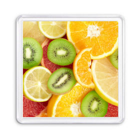 Магнит 55*55 с принтом Сочные фрукты в Белгороде, Пластик | Размер: 65*65 мм; Размер печати: 55*55 мм | апельсин | грейпфрут | десерт | дольки | киви | кусочки фруктов | лайм | лимон | разрез | сечение | фреш | фрукты | цитрусовые