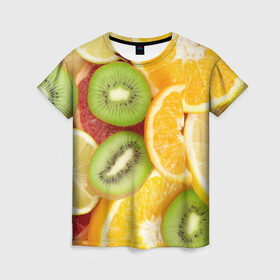 Женская футболка 3D с принтом Сочные фрукты в Белгороде, 100% полиэфир ( синтетическое хлопкоподобное полотно) | прямой крой, круглый вырез горловины, длина до линии бедер | апельсин | грейпфрут | десерт | дольки | киви | кусочки фруктов | лайм | лимон | разрез | сечение | фреш | фрукты | цитрусовые