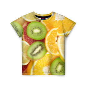 Детская футболка 3D с принтом Сочные фрукты в Белгороде, 100% гипоаллергенный полиэфир | прямой крой, круглый вырез горловины, длина до линии бедер, чуть спущенное плечо, ткань немного тянется | Тематика изображения на принте: апельсин | грейпфрут | десерт | дольки | киви | кусочки фруктов | лайм | лимон | разрез | сечение | фреш | фрукты | цитрусовые
