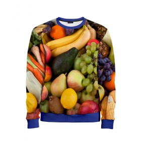 Детский свитшот 3D с принтом Спелые фрукты в Белгороде, 100% полиэстер | свободная посадка, прямой крой, мягкая тканевая резинка на рукавах и понизу свитшота | Тематика изображения на принте: ананас | арбуз | банан | богатый урожай | виноград | горох | груша | еда | капуста | картофель | лук | морковь | овощи | огурец | перец | персик | слива | сочные плоды | томат | фасоль | фрукты | яблоко