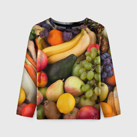 Детский лонгслив 3D с принтом Спелые фрукты в Белгороде, 100% полиэстер | длинные рукава, круглый вырез горловины, полуприлегающий силуэт
 | Тематика изображения на принте: ананас | арбуз | банан | богатый урожай | виноград | горох | груша | еда | капуста | картофель | лук | морковь | овощи | огурец | перец | персик | слива | сочные плоды | томат | фасоль | фрукты | яблоко