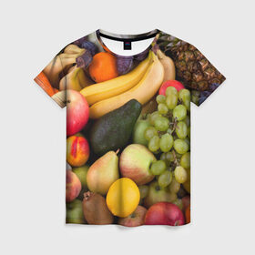 Женская футболка 3D с принтом Спелые фрукты в Белгороде, 100% полиэфир ( синтетическое хлопкоподобное полотно) | прямой крой, круглый вырез горловины, длина до линии бедер | ананас | арбуз | банан | богатый урожай | виноград | горох | груша | еда | капуста | картофель | лук | морковь | овощи | огурец | перец | персик | слива | сочные плоды | томат | фасоль | фрукты | яблоко