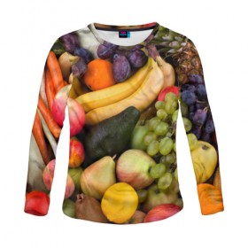 Женский лонгслив 3D с принтом Спелые фрукты в Белгороде, 100% полиэстер | длинные рукава, круглый вырез горловины, полуприлегающий силуэт | ананас | арбуз | банан | богатый урожай | виноград | горох | груша | еда | капуста | картофель | лук | морковь | овощи | огурец | перец | персик | слива | сочные плоды | томат | фасоль | фрукты | яблоко