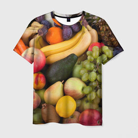 Мужская футболка 3D с принтом Спелые фрукты в Белгороде, 100% полиэфир | прямой крой, круглый вырез горловины, длина до линии бедер | ананас | арбуз | банан | богатый урожай | виноград | горох | груша | еда | капуста | картофель | лук | морковь | овощи | огурец | перец | персик | слива | сочные плоды | томат | фасоль | фрукты | яблоко