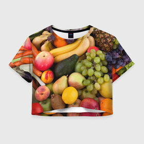 Женская футболка 3D укороченная с принтом Спелые фрукты в Белгороде, 100% полиэстер | круглая горловина, длина футболки до линии талии, рукава с отворотами | ананас | арбуз | банан | богатый урожай | виноград | горох | груша | еда | капуста | картофель | лук | морковь | овощи | огурец | перец | персик | слива | сочные плоды | томат | фасоль | фрукты | яблоко