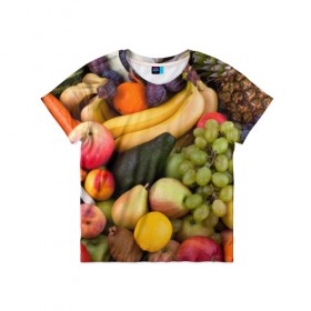 Детская футболка 3D с принтом Спелые фрукты в Белгороде, 100% гипоаллергенный полиэфир | прямой крой, круглый вырез горловины, длина до линии бедер, чуть спущенное плечо, ткань немного тянется | ананас | арбуз | банан | богатый урожай | виноград | горох | груша | еда | капуста | картофель | лук | морковь | овощи | огурец | перец | персик | слива | сочные плоды | томат | фасоль | фрукты | яблоко