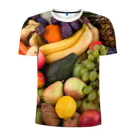 Мужская футболка 3D спортивная с принтом Спелые фрукты в Белгороде, 100% полиэстер с улучшенными характеристиками | приталенный силуэт, круглая горловина, широкие плечи, сужается к линии бедра | ананас | арбуз | банан | богатый урожай | виноград | горох | груша | еда | капуста | картофель | лук | морковь | овощи | огурец | перец | персик | слива | сочные плоды | томат | фасоль | фрукты | яблоко