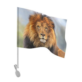 Флаг для автомобиля с принтом Красавец лев в Белгороде, 100% полиэстер | Размер: 30*21 см | Тематика изображения на принте: lion | грива | дикая кошка | добыча | животное | зверь | клыки | когти | король джунглей | лев | мясо | хищник | царь зверей