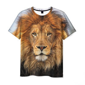 Мужская футболка 3D с принтом Красавец лев в Белгороде, 100% полиэфир | прямой крой, круглый вырез горловины, длина до линии бедер | lion | грива | дикая кошка | добыча | животное | зверь | клыки | когти | король джунглей | лев | мясо | хищник | царь зверей