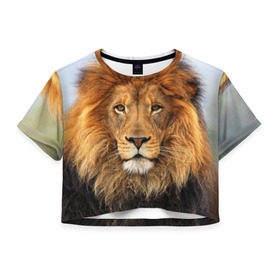 Женская футболка 3D укороченная с принтом Красавец лев в Белгороде, 100% полиэстер | круглая горловина, длина футболки до линии талии, рукава с отворотами | lion | грива | дикая кошка | добыча | животное | зверь | клыки | когти | король джунглей | лев | мясо | хищник | царь зверей