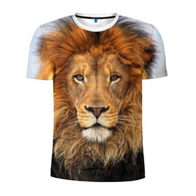 Мужская футболка 3D спортивная с принтом Красавец лев в Белгороде, 100% полиэстер с улучшенными характеристиками | приталенный силуэт, круглая горловина, широкие плечи, сужается к линии бедра | lion | грива | дикая кошка | добыча | животное | зверь | клыки | когти | король джунглей | лев | мясо | хищник | царь зверей