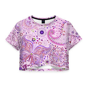 Женская футболка 3D укороченная с принтом Lady Butterfly в Белгороде, 100% полиэстер | круглая горловина, длина футболки до линии талии, рукава с отворотами | винтаж | воздушный | индийские | кружева | новинки | узор | цветок | цветочный | этнические