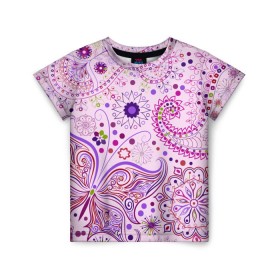 Детская футболка 3D с принтом Lady Butterfly в Белгороде, 100% гипоаллергенный полиэфир | прямой крой, круглый вырез горловины, длина до линии бедер, чуть спущенное плечо, ткань немного тянется | винтаж | воздушный | индийские | кружева | новинки | узор | цветок | цветочный | этнические