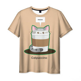 Мужская футболка 3D с принтом Catpuccino в Белгороде, 100% полиэфир | прямой крой, круглый вырез горловины, длина до линии бедер | capuccino | cat | catpuccino | meow | капуччино | кот | котпуччино | кофе | мяу | стакан