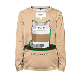 Детский лонгслив 3D с принтом Catpuccino в Белгороде, 100% полиэстер | длинные рукава, круглый вырез горловины, полуприлегающий силуэт
 | capuccino | cat | catpuccino | meow | капуччино | кот | котпуччино | кофе | мяу | стакан