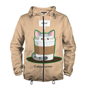 Мужская ветровка 3D с принтом Catpuccino в Белгороде, 100% полиэстер | подол и капюшон оформлены резинкой с фиксаторами, два кармана без застежек по бокам, один потайной карман на груди | Тематика изображения на принте: capuccino | cat | catpuccino | meow | капуччино | кот | котпуччино | кофе | мяу | стакан