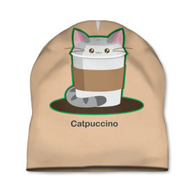 Шапка 3D с принтом Catpuccino в Белгороде, 100% полиэстер | универсальный размер, печать по всей поверхности изделия | capuccino | cat | catpuccino | meow | капуччино | кот | котпуччино | кофе | мяу | стакан