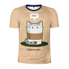 Мужская футболка 3D спортивная с принтом Catpuccino в Белгороде, 100% полиэстер с улучшенными характеристиками | приталенный силуэт, круглая горловина, широкие плечи, сужается к линии бедра | capuccino | cat | catpuccino | meow | капуччино | кот | котпуччино | кофе | мяу | стакан